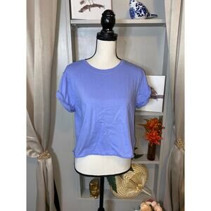 We The Free FP Large Lilac Purple Raw Hem Distressed Crop Stitched Sleeve Top